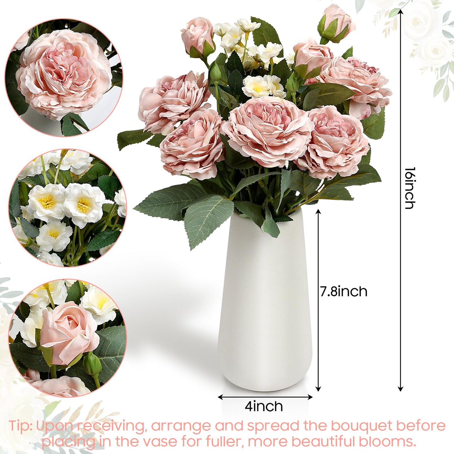 Tobilu Fake Flowers in Ceramic Vase, Artificial Pink Flower Bouquet with Vase Floral Arrangements for Mantel Dining Table Coffee Table Centerpieces - Dusty Pink
