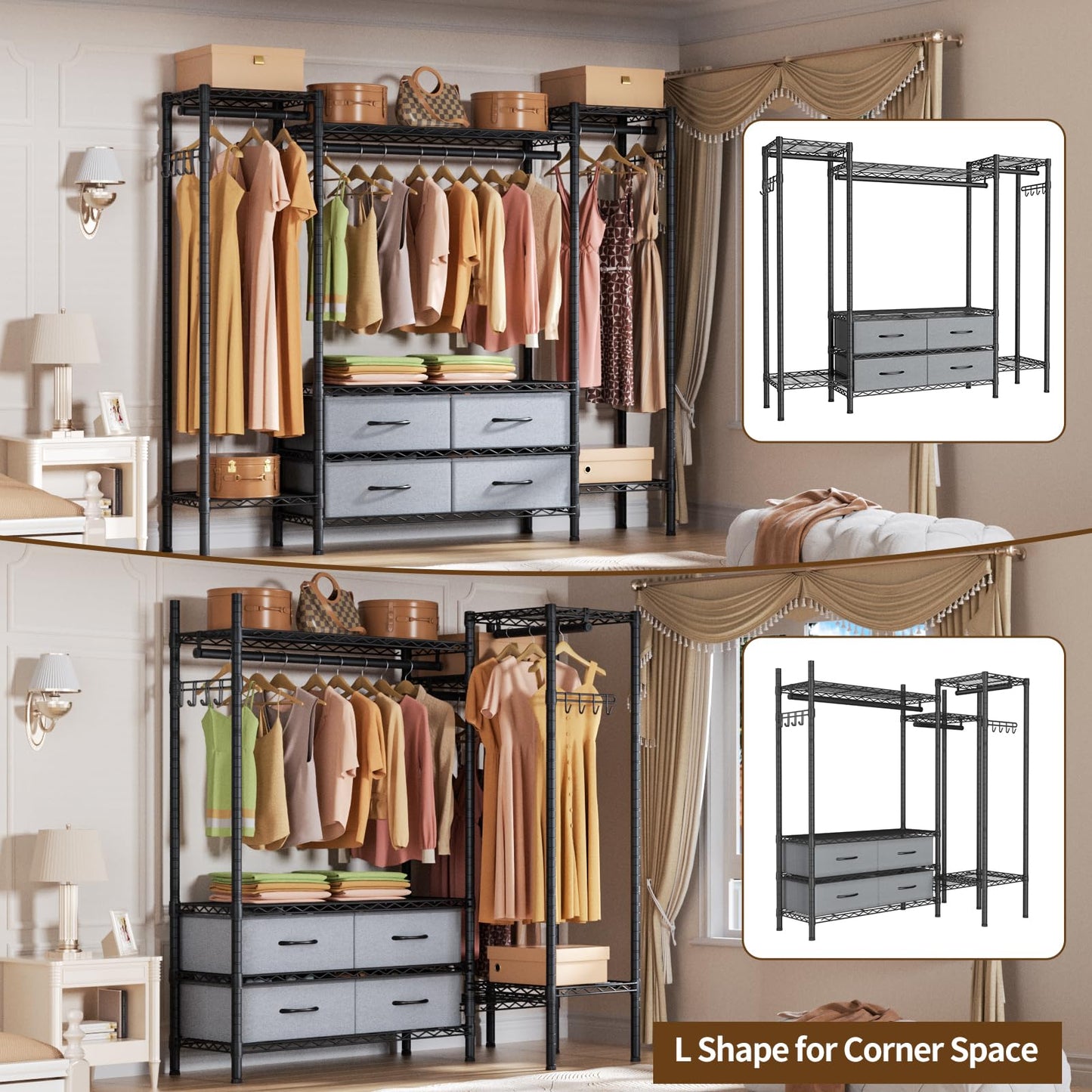 Golpart Heavy Duty Garment Rack Clothes Rack,Large Metal Closet Organizer System Storage Wardrobe,Freestanding Clothing Rack with 8 Adjustable Wire Shelves&3 Hang Rods,MaxLoad 900lbs
