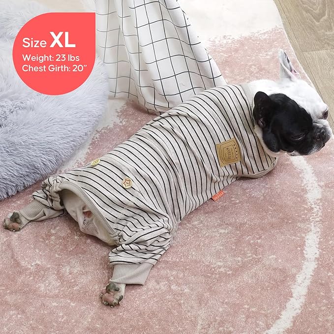 KYEESE Dog Pajamas Stretchable 4 Legs Doggie Jammies Striped Jumpsuit Lightweight Onesie Puppy Pajamas Cozy Outfit Comfortable Dog Clothes Hair Shedding Cover Pet Jammies,Ivory Brown Striped, Medium