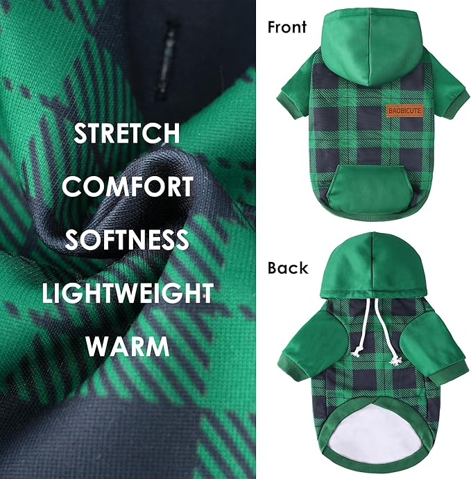 BAOBICUTE Dog Basic Hoodie Soft Dog Clothes Cold Weather Sweaters for Medium Large Dogs Cozy Fabric Warm Sweatshirt with Leash Hole (Green Plaid, XS (Back: 10.24",Chest: 14.96", Neck: 11.42"))