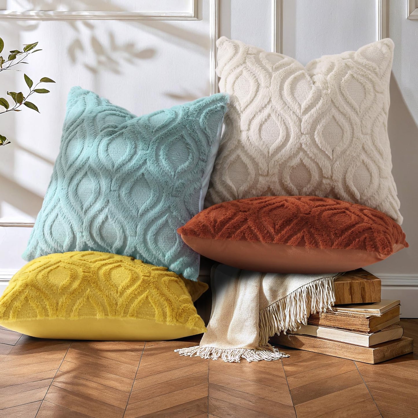 decorUhome Throw Pillow Covers 26x26 Inch Set of 2, Soft Plush Faux Wool Beige Solid Couch Pillow Covers, Accent Euro Sham Farmhouse Neutral Square Pillow Cases for Sofa Bed Living Room