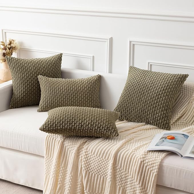 Kevin Textile Pack of 2 Corduroy Decorative Throw Pillow Covers 12x20 Inch Soft Boho Striped Pillow Covers Modern Farmhouse Home Decor for Sofa Living Room Couch Bed Olive Green