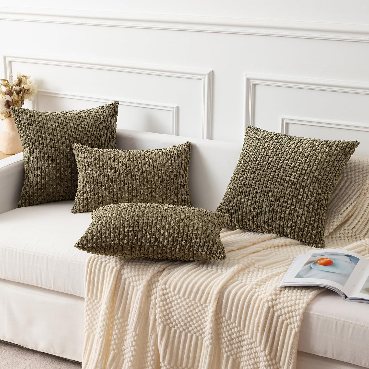 Kevin Textile Pack of 2 Corduroy Decorative Throw Pillow Covers 22x22 Inch Soft Boho Striped Pillow Covers Modern Farmhouse Home Decor for Spring Sofa Living Room Couch Bed Olive Green