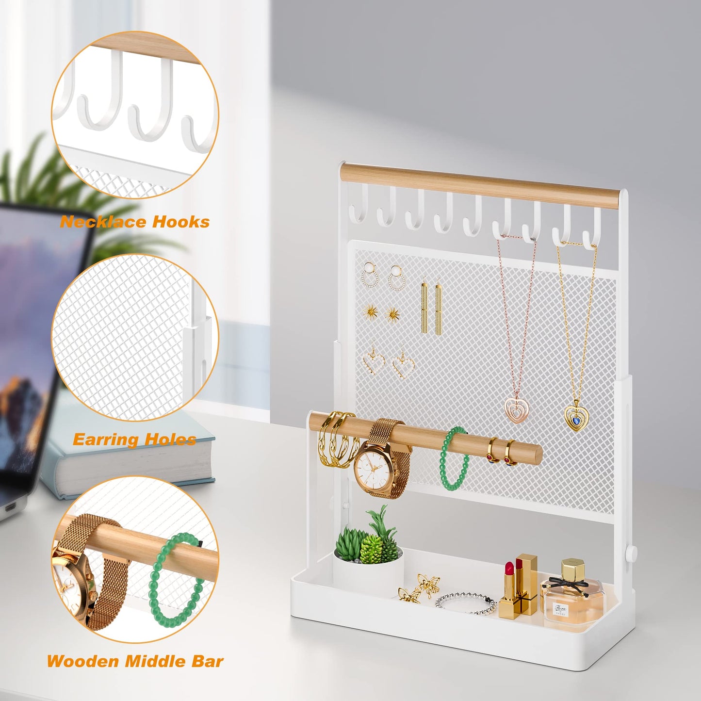IOAIANIA Jewelry Organizer Stand, Liftable Necklace Holder with Earring Organizer Net, 9 Hooks Necklaces Storage Wooden Handing Bar for Bracelets Watches Rings (White)