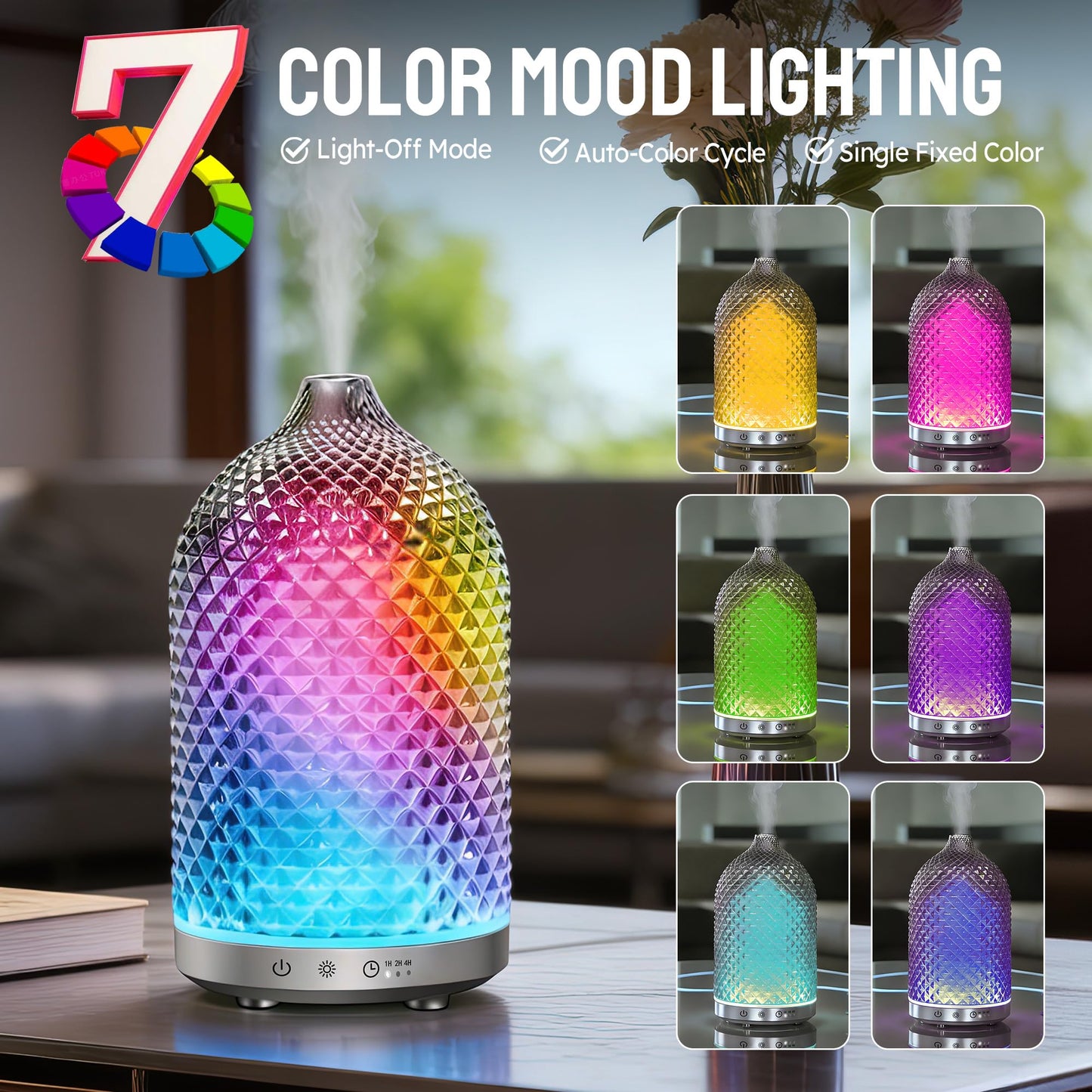 Peuesty Essential Oil Diffuser 150ml, Glass Diffuser with Ultrasonic Small Humidifier, 7 Color Lights, 1/2/4H Timer, Quiet Auto Shut-Off Oil Diffuser for Bedroom, Home, Office (Silvery)