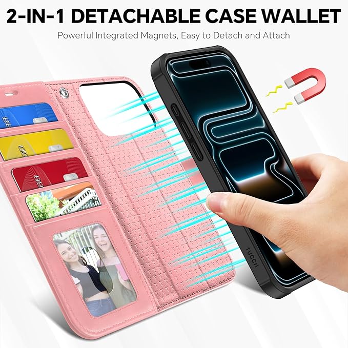 TUCCH 2-in-1 Detachable Wallet Case for iPhone 17 Pro Max (6.9-inch) 2025, RFID Blocking 4 Card Slots, Wireless Charging, Wrist Strap, Kickstand, Magnetic, PU Leather, Protective Flip Cover, Rose Gold