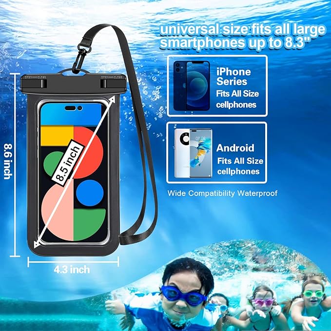 Up to 8.3" 4 Pack Black White Universal Waterproof Phone Pouch, Large Phone Waterproof Case Dry Bag,Protection Level: IP68,Outdoor Sports for Apple iPhone,Samsung,and More,Black,White
