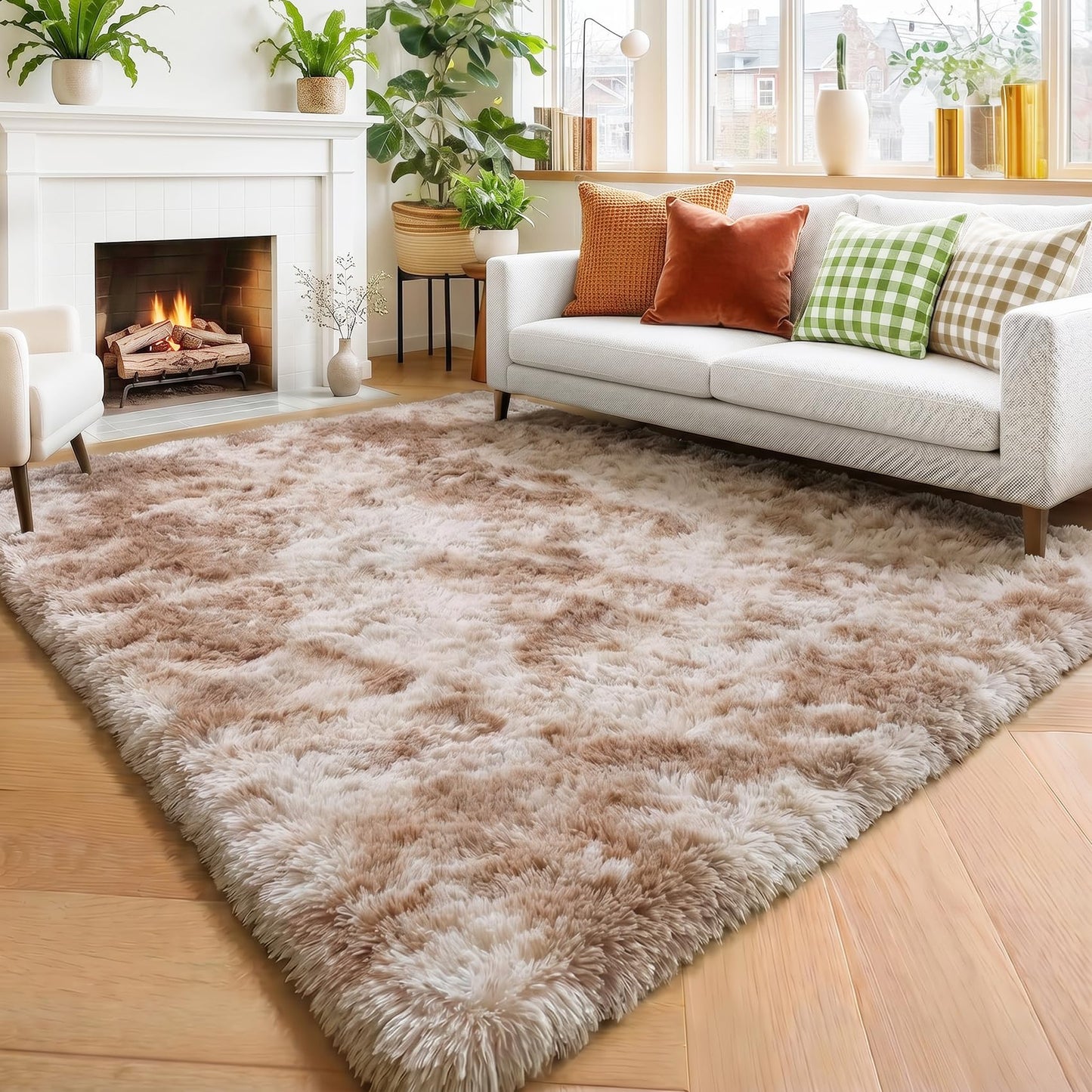 Amdrebio Tie-Dyed Beige Tan Rugs for Bedroom Living Room, Cute Fluffy Plush Neutral Area Rug 4x6 for Kids Room Decor Aesthetic, Soft Furry Fuzzy Shaggy Carpet for Baby Nursery Playroom Preppy Dorm