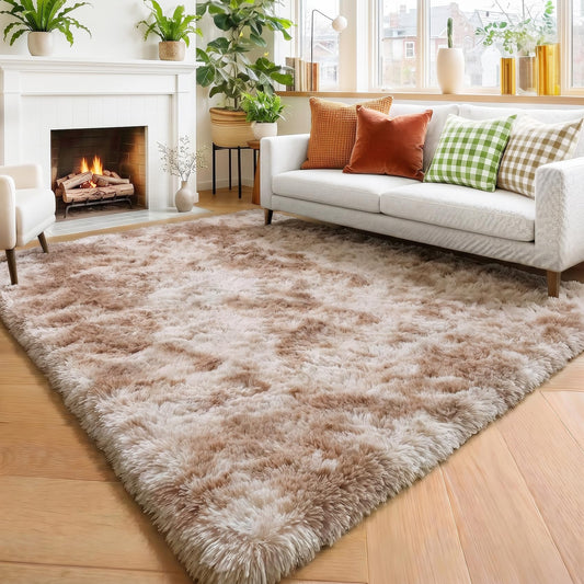 Amdrebio Tie-Dyed Beige Tan Rugs for Bedroom Living Room, Cute Fluffy Plush Neutral Area Rug 4x6 for Kids Room Decor Aesthetic, Soft Furry Fuzzy Shaggy Carpet for Baby Nursery Playroom Preppy Dorm