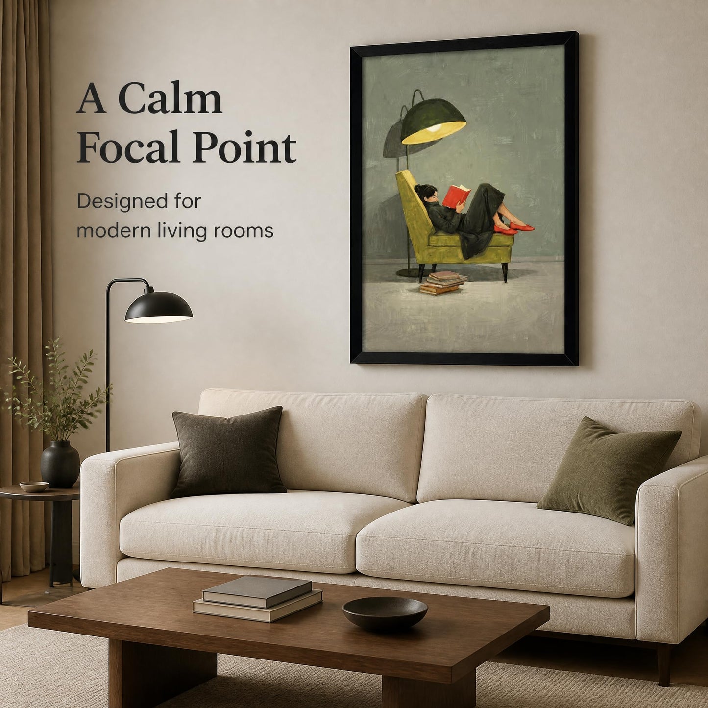Framed Trendy Women Reading Book Wall Art Quiet Moment on The Sofa Art Prints Green Striped Painting Picture Modern Women's Minimalist Pictures Artwork for Living Room Bedroom Home office Wall Decor