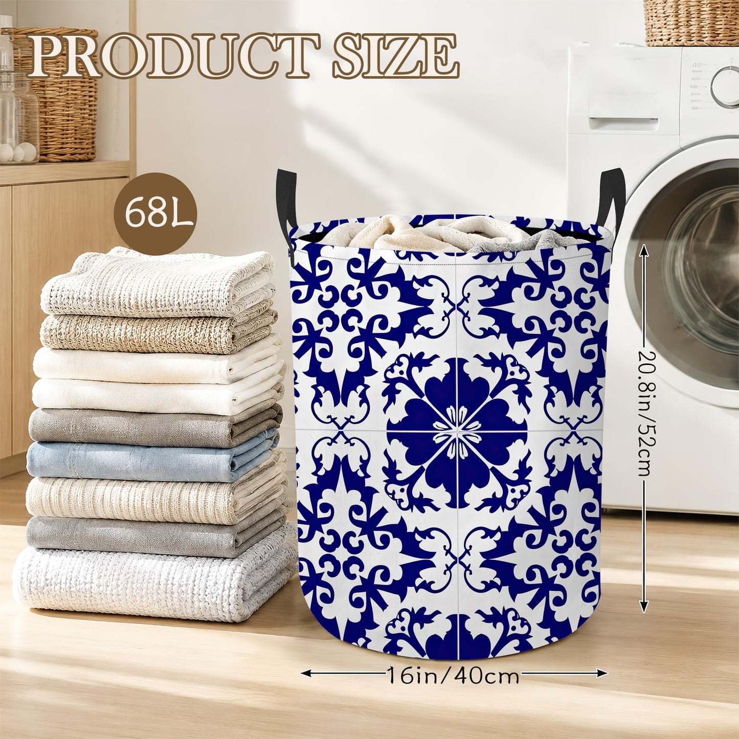 Boho Laundry Basket Oxford Cloth Blue White Tile Laundry Hamper With Handle Foldable Portable Clothes Storage Basket Storage Bag For Laundry Room/Bathroom/Bedroom/Dormitory 20.8"x16"