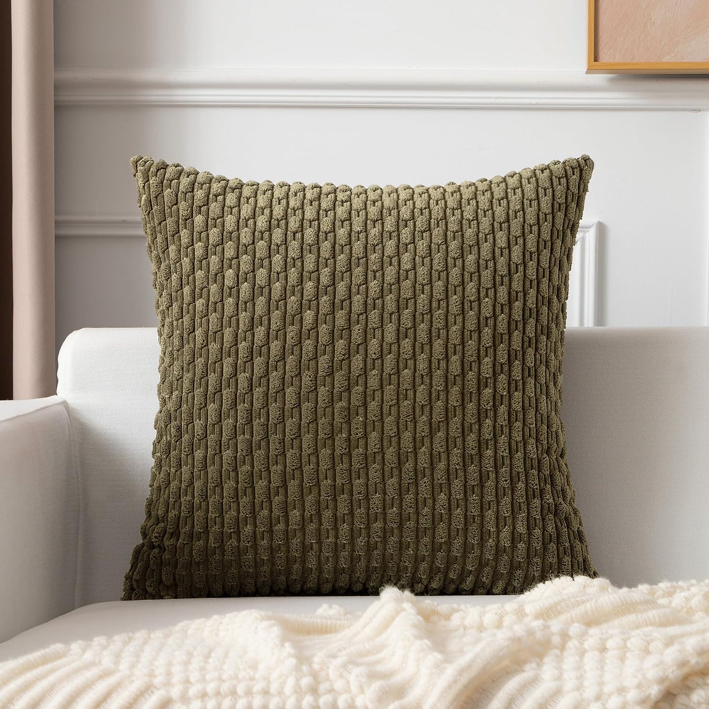 Kevin Textile Pack of 2 Corduroy Decorative Throw Pillow Covers 22x22 Inch Soft Boho Striped Pillow Covers Modern Farmhouse Home Decor for Spring Sofa Living Room Couch Bed Olive Green