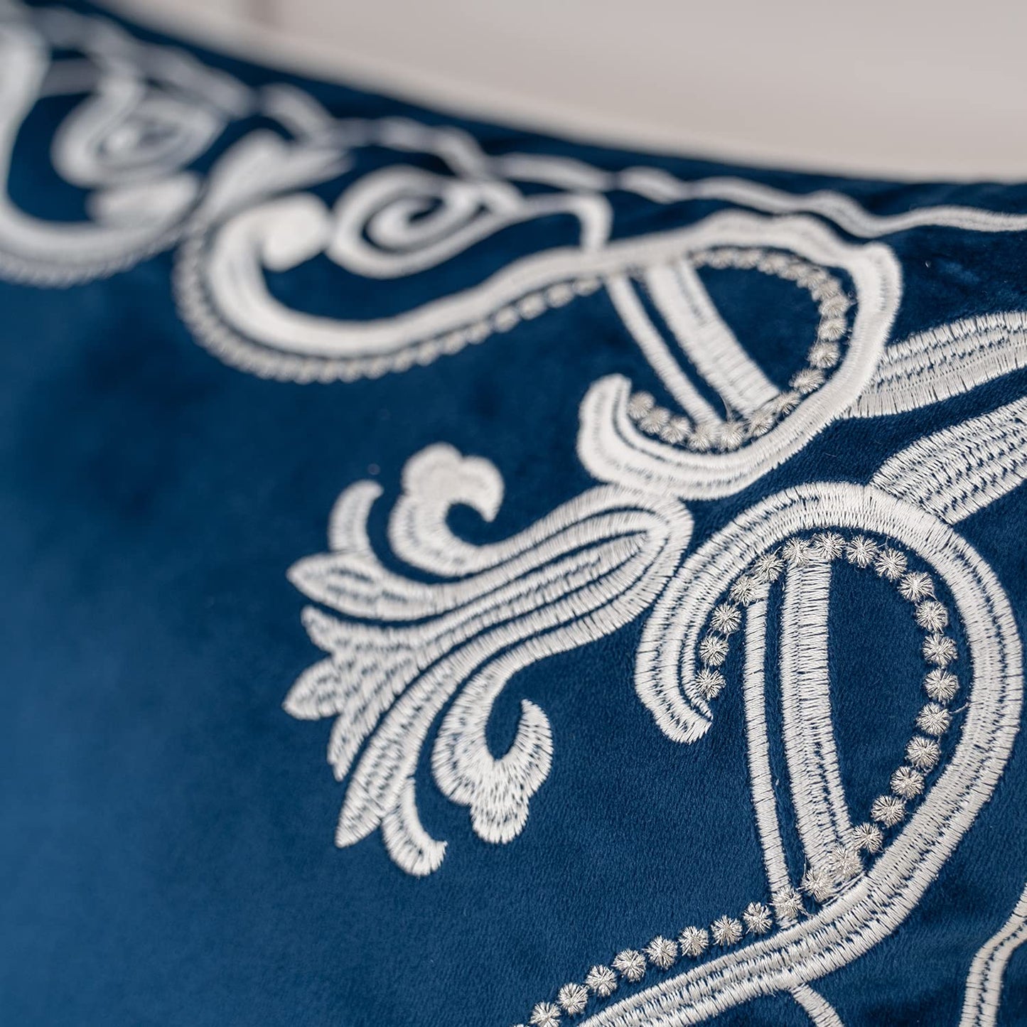 Aeckself European Floral Pillow Cover 12x20 Inch, Luxury Velvet Embroidered Decorative Lumbar Throw Pillow Cover for Couch Bedroom Living Room, Navy Blue and White