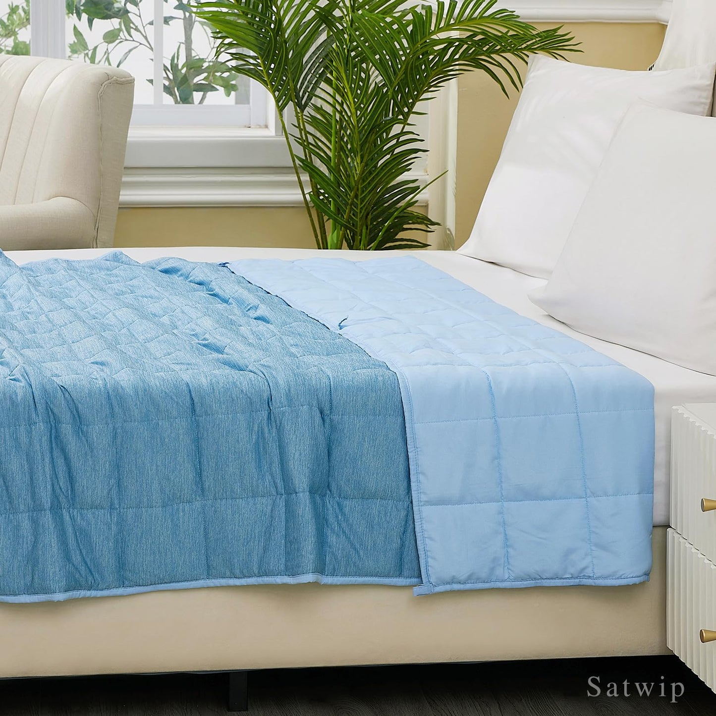 Satwip Cooling Weighted Blanket 15 lbs Cool Moire Jersey Bed Blanket Twin Size for Hot Sleeper with Soft Breathable Sanded, 48 x 72 inches, Blue