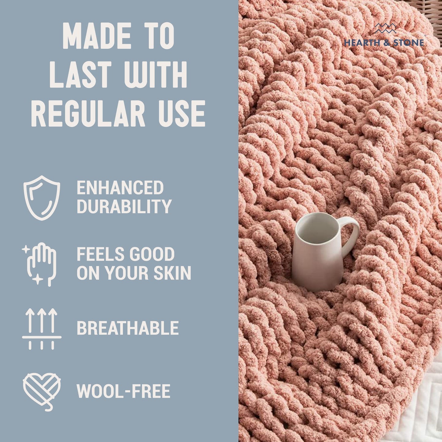 Chunky Knit Blanket Throw - 50"x60" 3.7 lbs.- Soft Chenille Yarn Knitted Blanket -Machine Washable Crochet Blanket - Handmade Cable Knit Throw Blanket for Couch, Bed (Blush Pink)