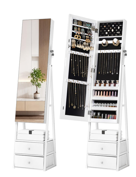 Nicetree Jewelry Cabinet Armoire with 2 Drawers, Lockable Standing Mirror Jewelry Cabinet, Full Length Mirror with Jewelry Storage, Gift Idea, Pure White