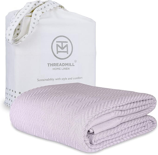 Threadmill Luxury Cotton Blankets for King Size Bed | All-Season Cozy 100% Cotton King Size Blanket | Herringbone Soft Fall Thermal Blanket fits California King Size Bed, 106x92 | Lilac