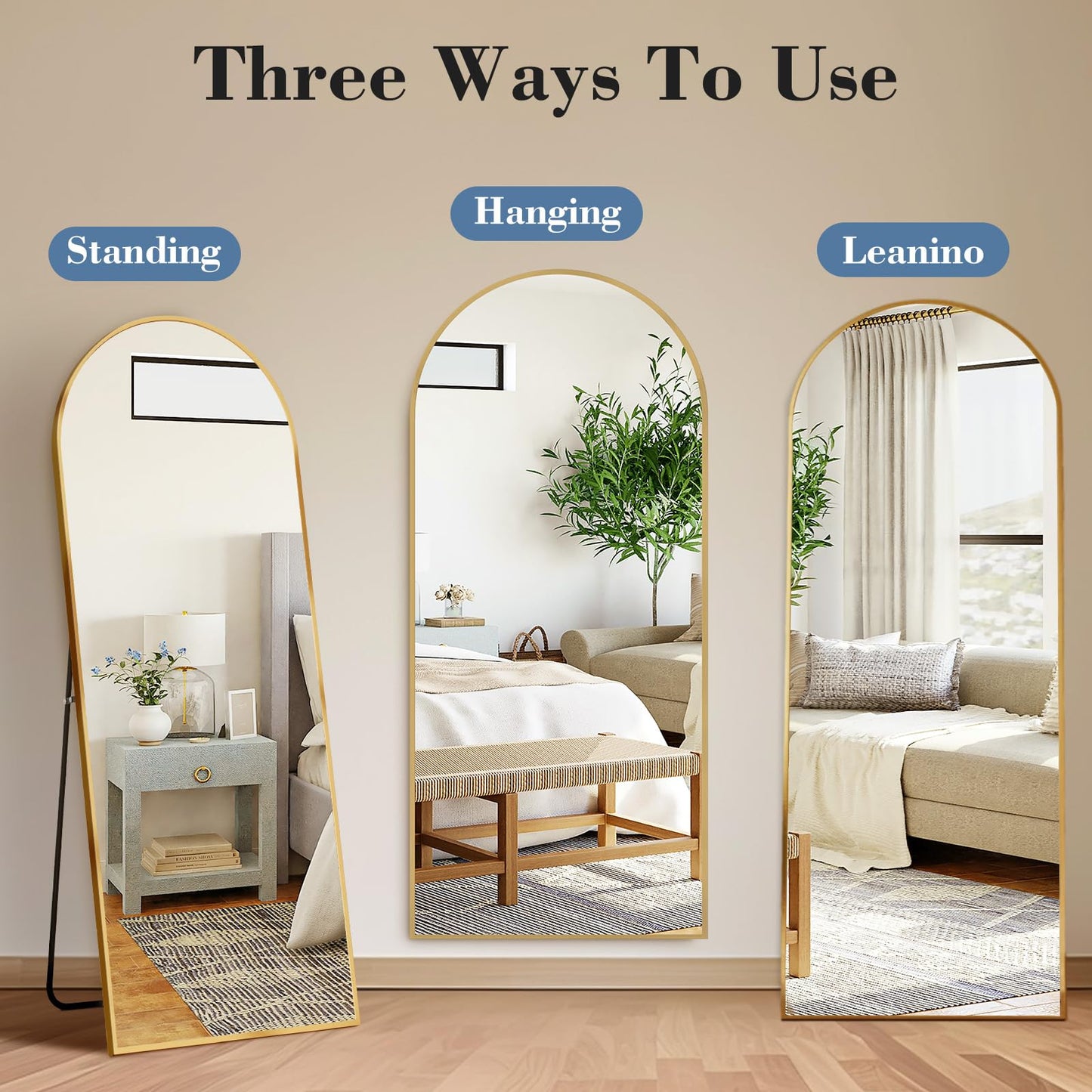 DUMOS Arched Full Length Mirror with Stand Floor Free Standing Aluminum Frame for Bedroom Body Hanging Leaning Modern Simple Home Decor Shatter-proorf Nano Glass Wall Gold 58"x19"