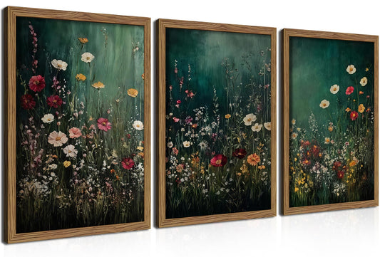 Vintage Wildflower Wall Art Set of 3, Moody Dark Green Flower Botanical Wall Decor Paintings,Nature Floral Farmhouse Landscape Posters Prints Pictures for Living Room Bedroom 16x24 Inch Wood Framed
