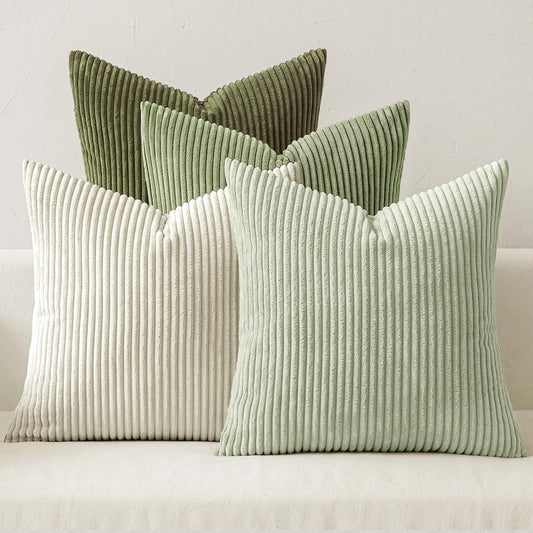 MIULEE Boho Farmhouse Throw Pillow Covers 20x20 Inch Set of 4 Mordern Neutral Green Cushion Covers Soft Corduroy Nordic Home Decor for Spring Couch Bed Sofa Living Room Green-White