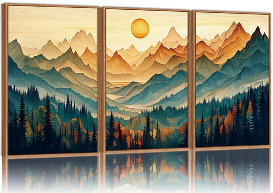 Tinonedraw Large Mountain Framed Canvas Wall Art Set of 3, Boho Nature Forest Wall Decor, Neutral Wooden Pine Trees Artwork, Sunrise Ridge Landscape Art Printing for Living Room Bedroom Office 16"x24"