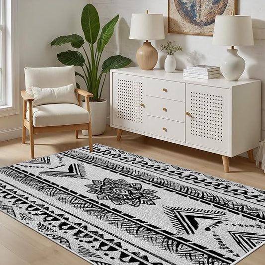 Area Rugs Moroccan for Living Room 4x6, Washable Non-Slip Boho Rug, Neutral Farmhouse Soft Carpet for Bedroom, Kitchen, Dining Room, Entryway, Geometric Print Tribal Carpets, Black and White