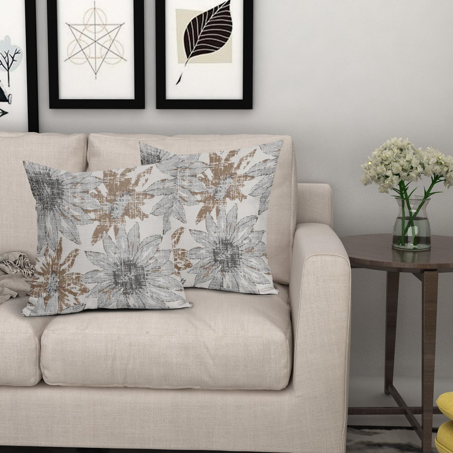 Sweetshow Brown Grey Gray Pillow Covers 18x18 Set of 2 Retro Sunflower Flowers Print Decorative Throw Pillows Outdoor Modern Art Floral Pillowcase Square Linen Cushion Case for Home Sofa Couch Bed