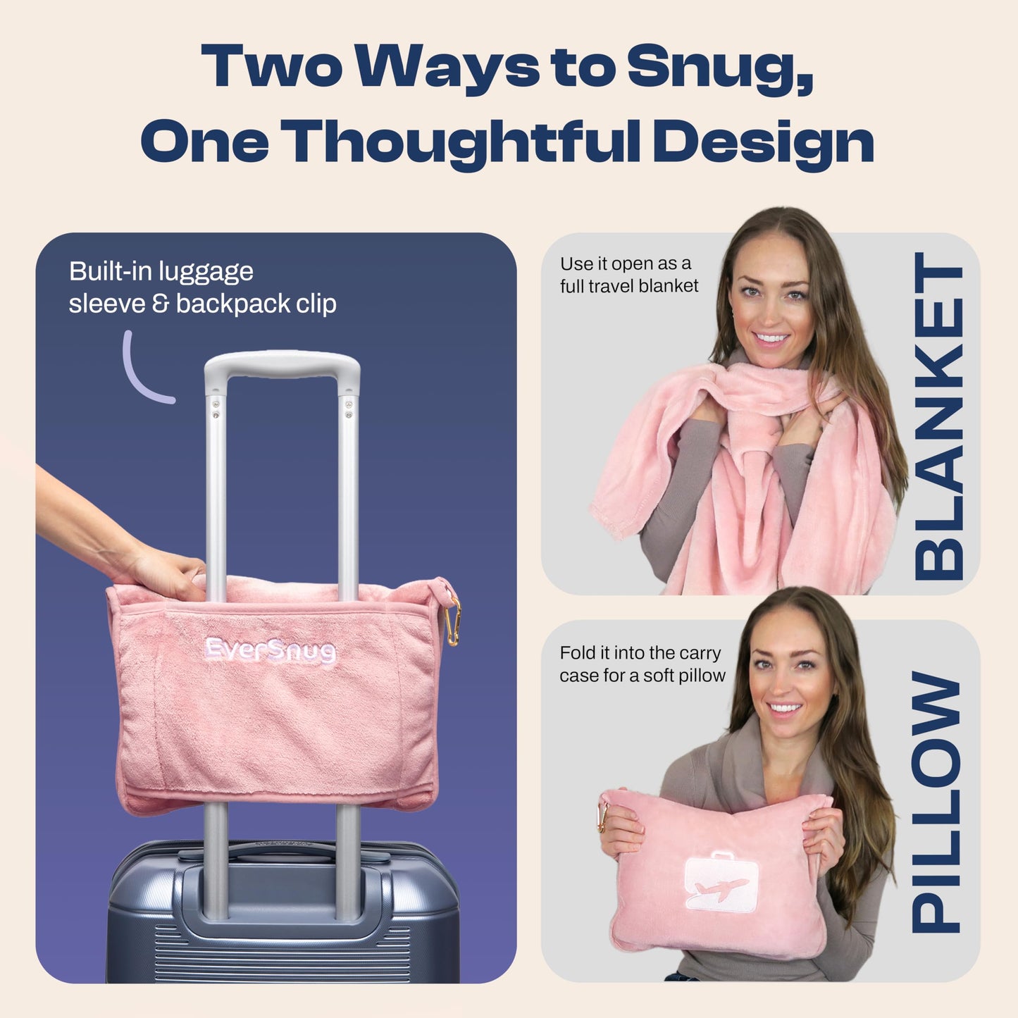 EverSnug Travel Blanket and Pillow - Premium Soft 2 in 1 Airplane Blanket with Soft Bag Pillowcase, Hand Luggage Sleeve and Backpack Clip (Light Pink)