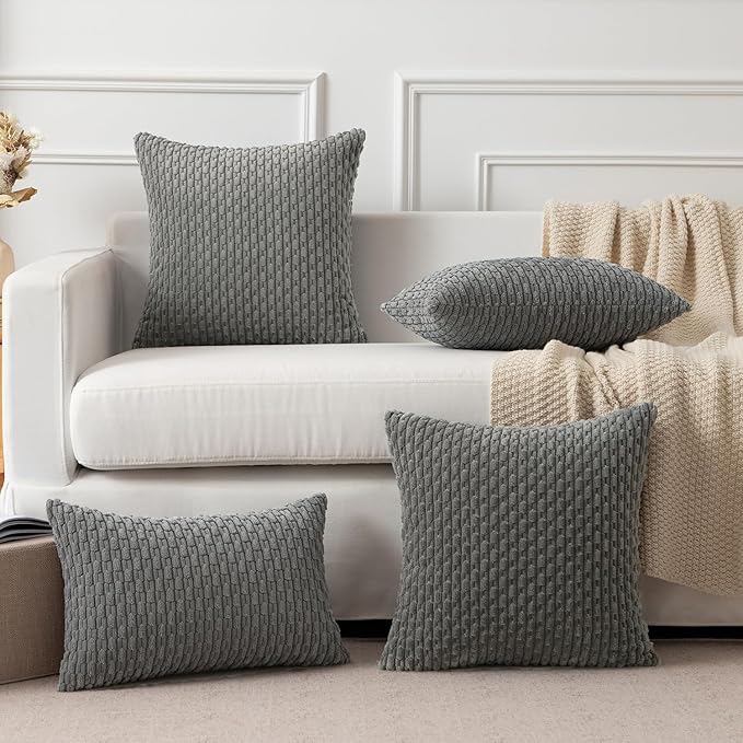 Kevin Textile Corduroy Striped Soft Soild Decorative Square Throw Pillow Covers Set Cushion Cases Pillowcases for Sofa Bedroom 2 Pcs 24x24 Inch Dark Grey