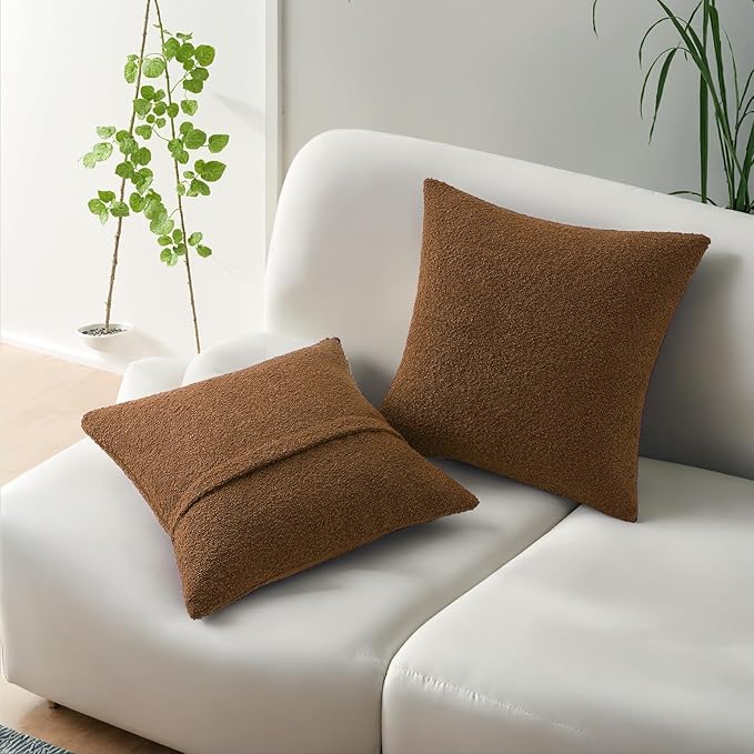 HAUSSY Set of 2 18x18 Decorative Throw Pillow Covers, Soft Cozy Textured Boucle Couch Cases, Home Decor for Couch Bed Living Room, Tobacco