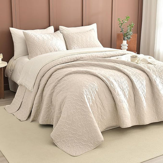 Sanracie Oversized Queen Quilt Bedspread Set 102"*118", 100% Cotton Coverlet Queen Size Wheat Colored Super Soft and Cozy Extra Large Cloud Leaves Quilting Bed Quilts for All Season