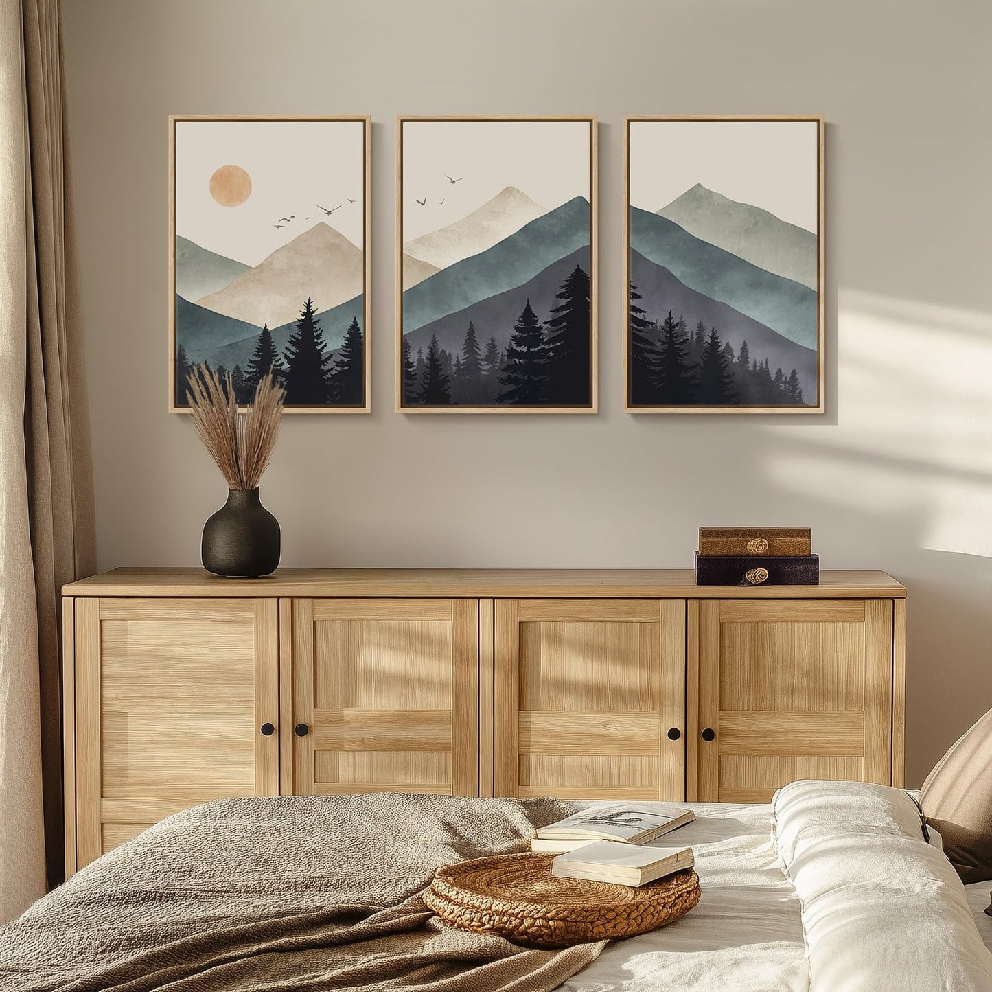 Cuspin Boho Framed Mountain Forest Landscape Wall Art, 3 Piece Bohemian Canvas Prints, Modern Nature Wall Art for Living Room, 3 Count, 16x24 Inch