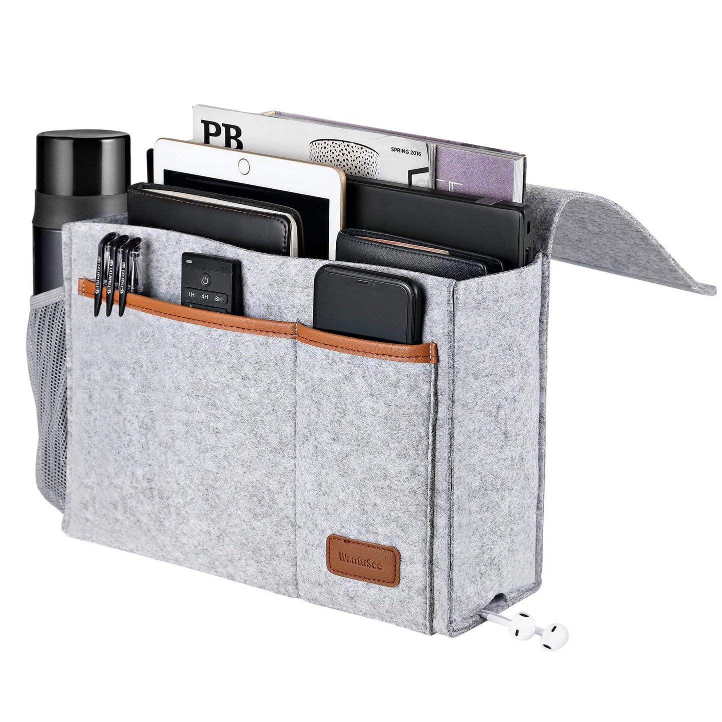 WantuSee Bedside Caddy, Felt Bed Storage Organizer Hanging Bag Holder with 5 Pockets, Magazine Book Phone Tablet iPad Cables Remote and Water Bottle Holder for Home Dorm Bed Sofa, Light Gray