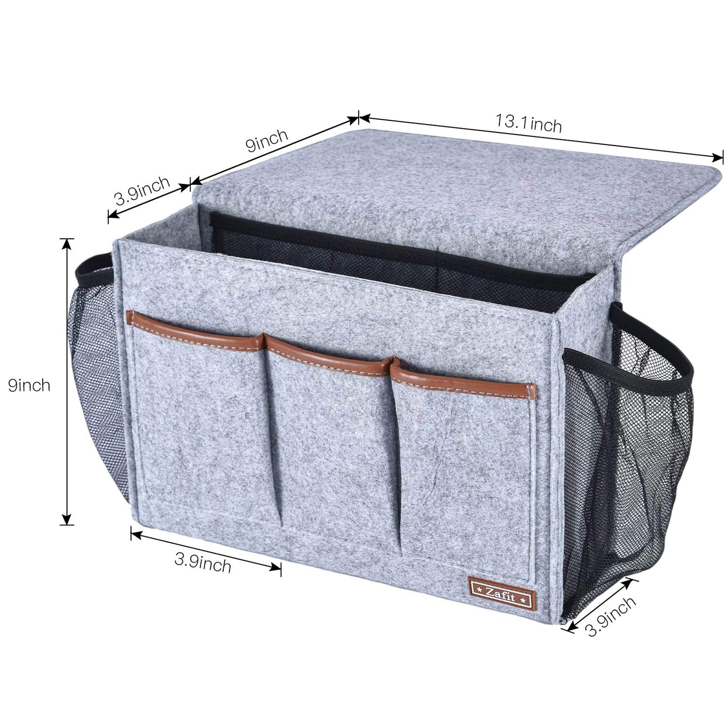 Zafit Bedside Caddy, Large Size Storage Organizer with 8 Pockets - Perfect for Magazine, Remotes, Phone (13.4'' x 18.1'', Light Grey)
