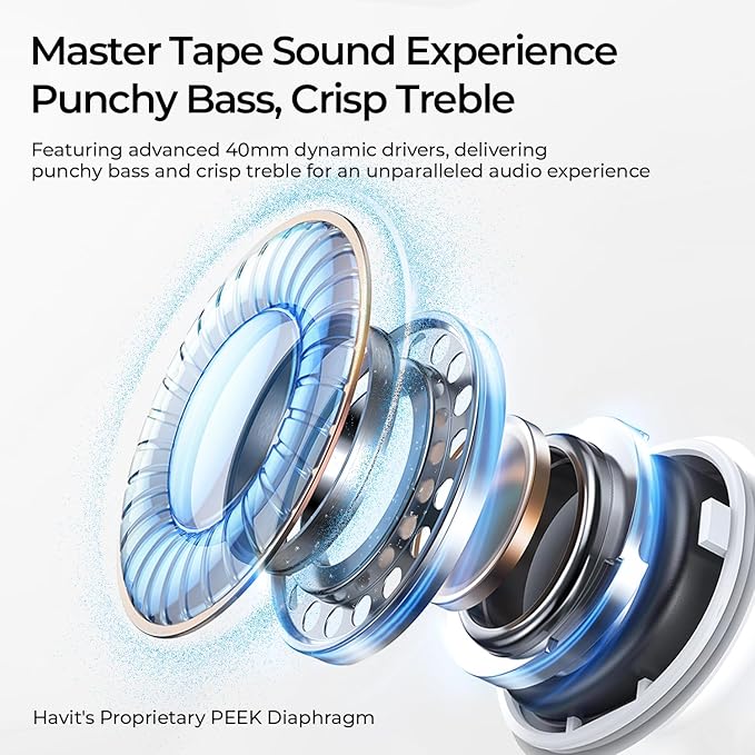 havit Space S1 Hybrid Adaptive Active Noise Cancelling Headphones Wireless, Over Ear Headphones, Bluetooth 6.0, 100H Playtime, LHDC Hi-Res Sound, Custom EQ via App, Travel, Office, Home, Gold