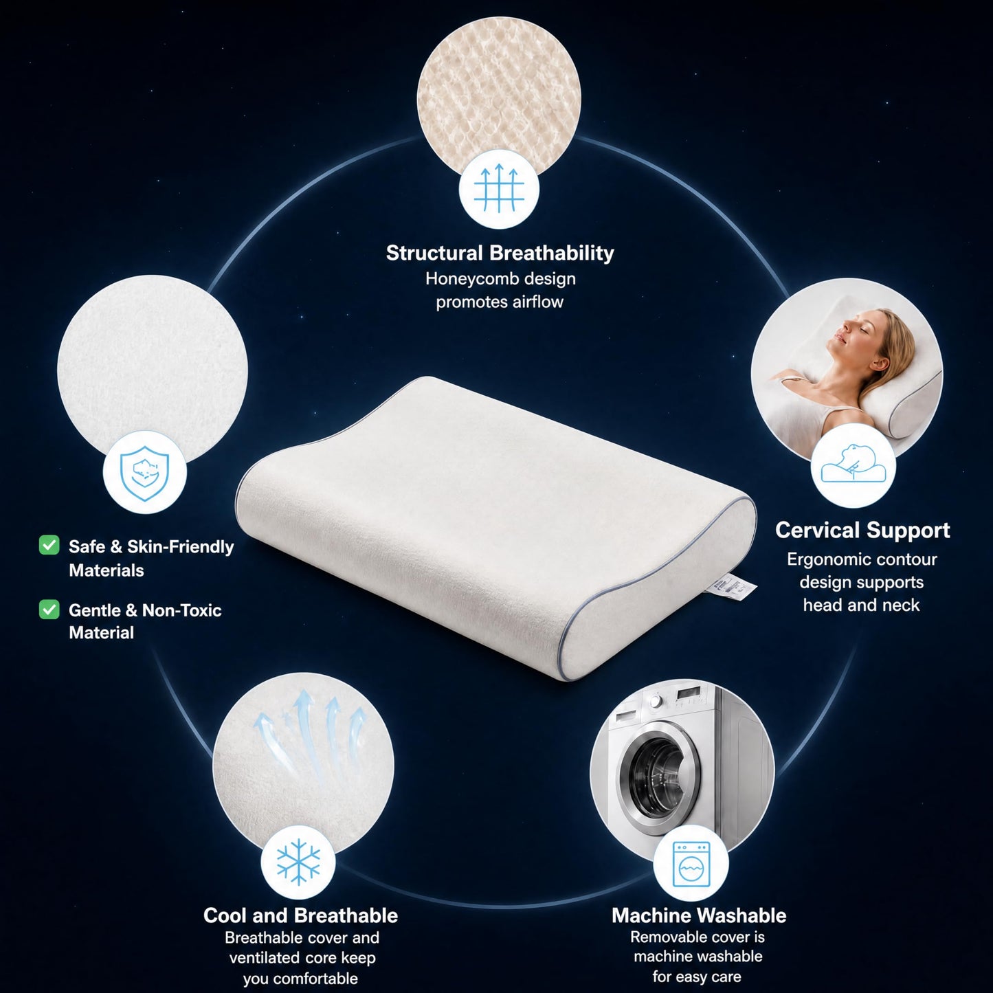 ASRIO Silicone Neck Support Pillow for Sleeping, Dual Height Cooling Ergonomic Contour Pillow, High Resilience Medium Firm Bed Pillow for Side and Back Sleepers, Washable, Standard Size