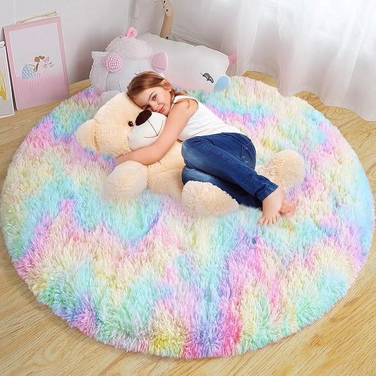 Round Fluffy Rugs 4Ft for Girls Bedroom, Rainbow Shag Circle Kids Rug Non-Slip for Bedside Dorm Nursery Playroom, Soft Cute Area Rugs for Living Room Decor