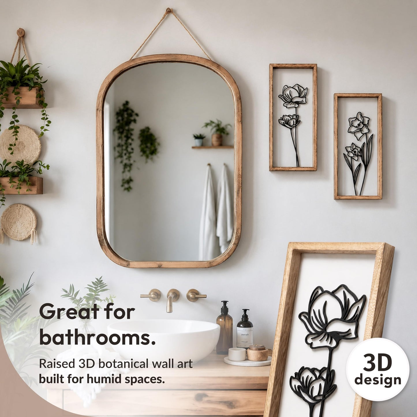 3D Black and White Wall Art (Set of 2) Lightweight, Wooden Ready-to-Hang Framed Floral Wall Art for Bathroom, Bedroom, Living Room or Office – Boho Botanical Farmhouse Decor – Gift-Boxed
