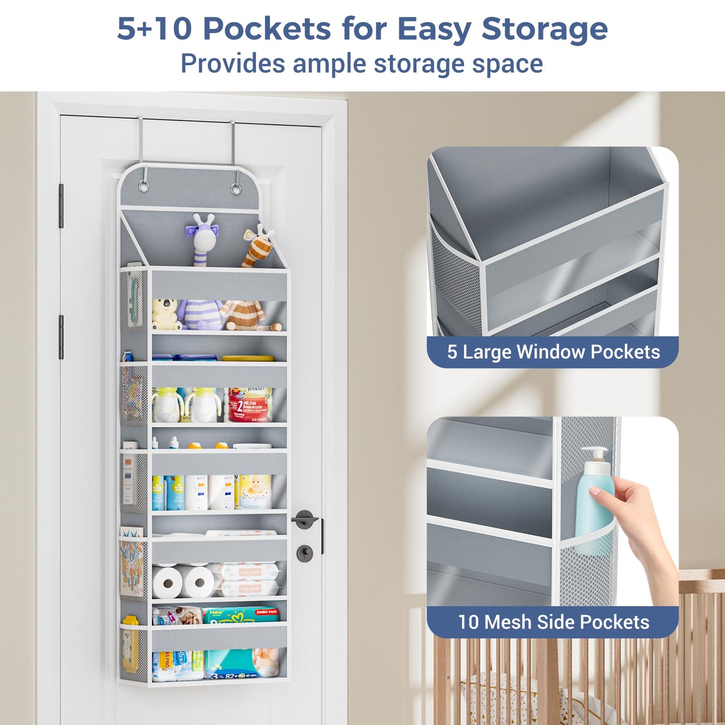 COOLBEBE Over the Door Organizer, 5-Shelf Hanging Organizer with 10 Side Pockets, 44LB Behind the Door Storage for Bathroom Bedroom Closet and Baby Essentials, Grey