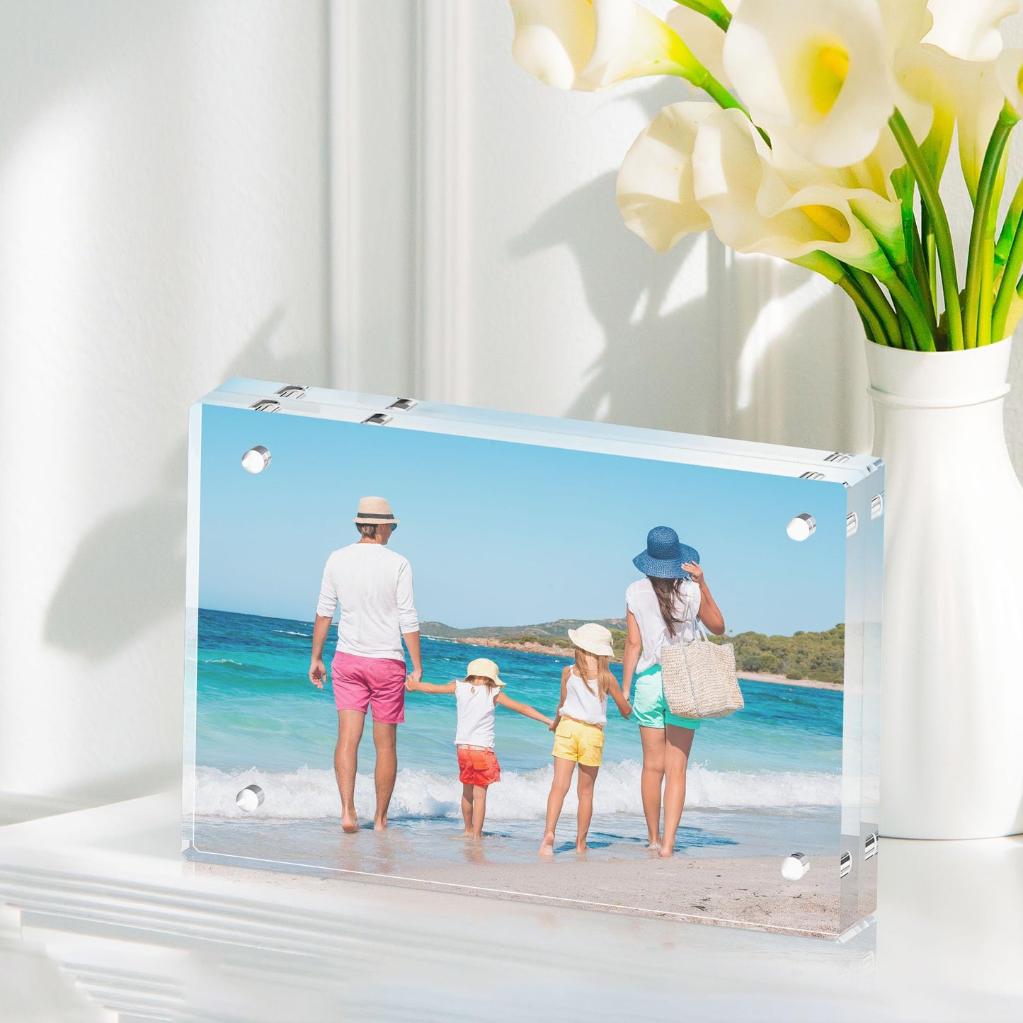 Fisnish 5x7 Acrylic Picture Frame Set of 3, 20mm Thick, Double-Sided Transparent Magnetic Frameless Photo Frame, Desktop Freestanding Display for Office or Home Decor