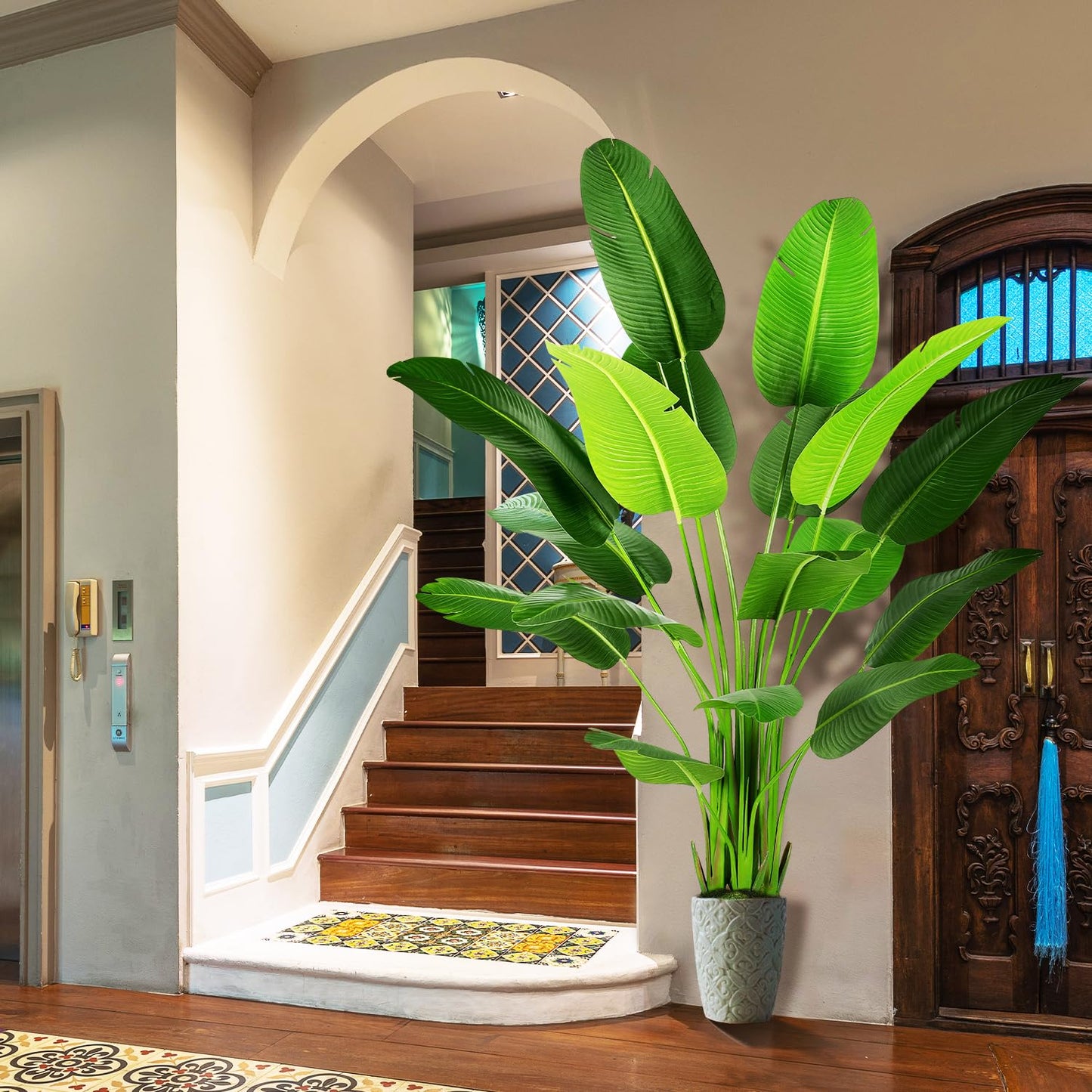 OXLLXO 7.2ft Artificial Silk Bird of Paradise Palm Tree (85in) with 17 Trunks Faux Tree and Plastic Nursery Pot, Fake Plant for Office House Farmhouse Living Room Home Decor (Indoor/Outdoor)