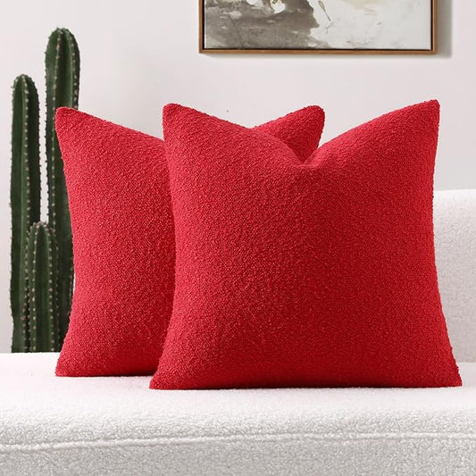 FUTEI Christmas Pack of 2 Red Decorative Throw Pillow Covers 16x16 Inch Soft Cozy Solid Boucle Textured Cushion Case,Modern Home Decor for Couch Bed Living Room