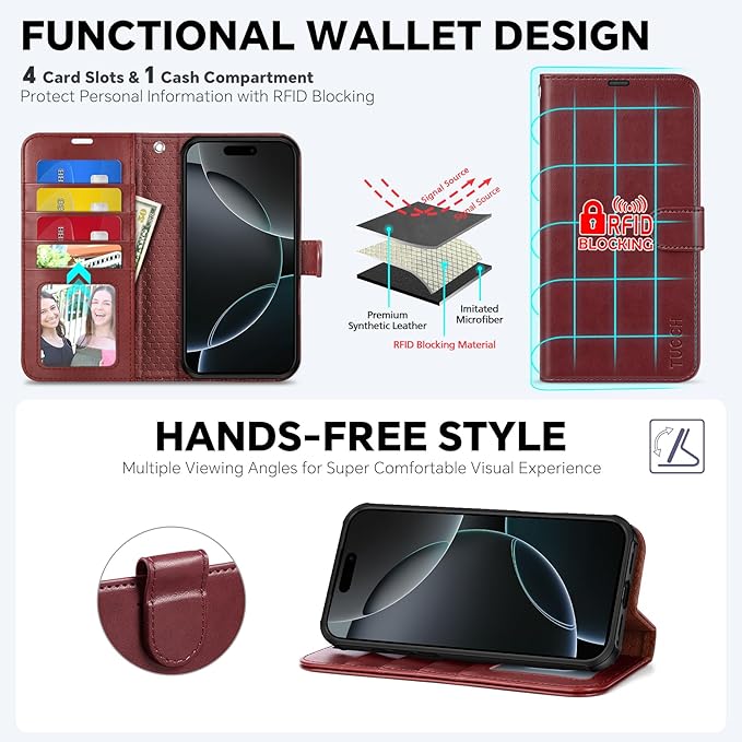 TUCCH Detachable Case Wallet for iPhone 17 Pro Max (6.9") 2025, Wrist Strap | 4 Card Slots RFID Blocking | Wireless Charging | Stand | 2-in-1 Magnetic | PU Leather | Shockproof Folio Cover | Dark Red