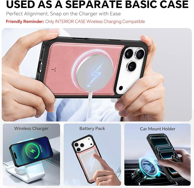 TUCCH 2-in-1 Detachable Wallet Case for iPhone 17 Pro Max (6.9-inch) 2025, RFID Blocking 4 Card Slots, Wireless Charging, Wrist Strap, Kickstand, Magnetic, PU Leather, Protective Flip Cover, Rose Gold
