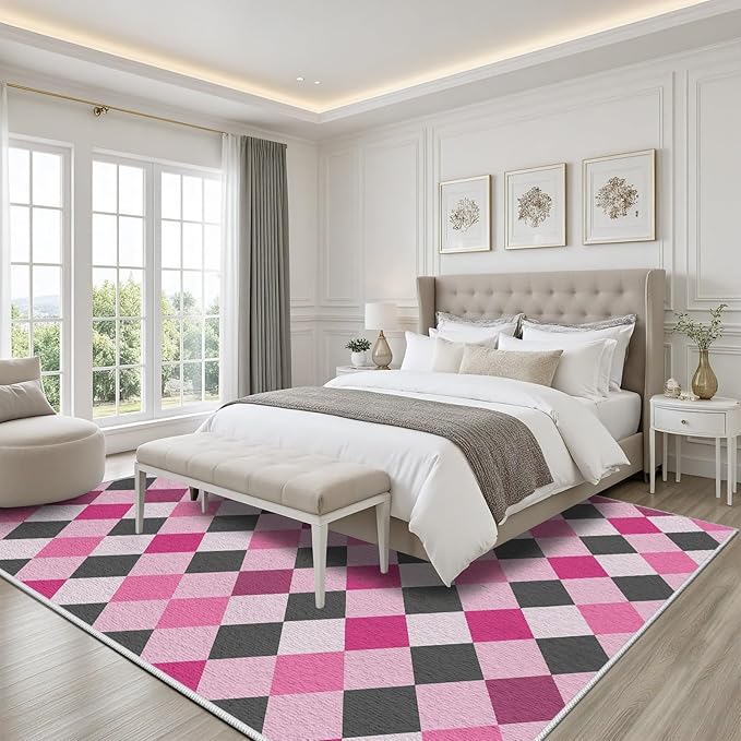 Diamond Checkered Rug 6x8, Soft Ultra Soft Faux Wool Abstract Geometric Rugs, Indoor Floor Mats Carpet, Non Slip&Non-Shedding Low Pile Washable Rugs, Modern Red Rug for Bedroom