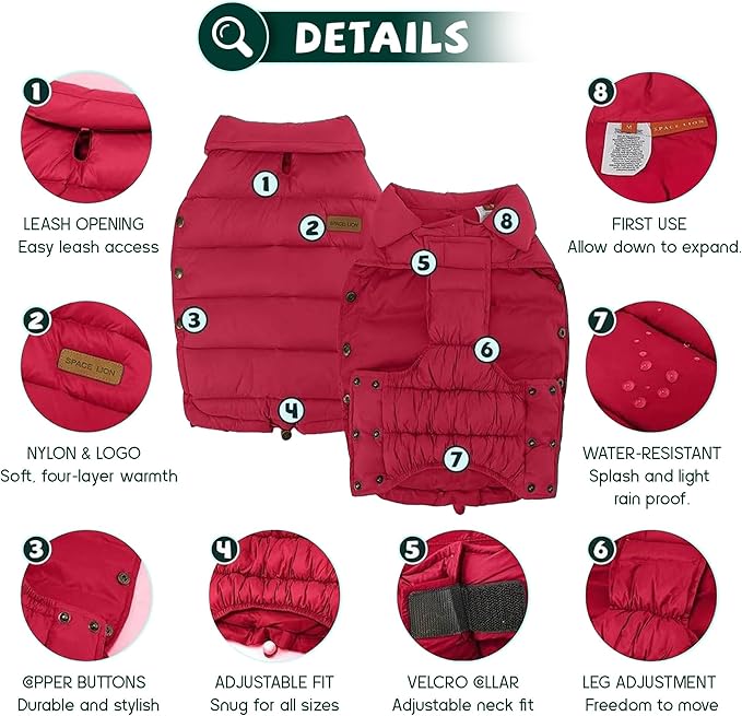 SPACE LION Dog Puffer Jacket, Down Winter Coat, Durable Outdoor Coat for Cold and Windy Conditions, Lightweight & Adjustable Fit Coats for Medium & Large Dogs,(Red, Size18/L+)