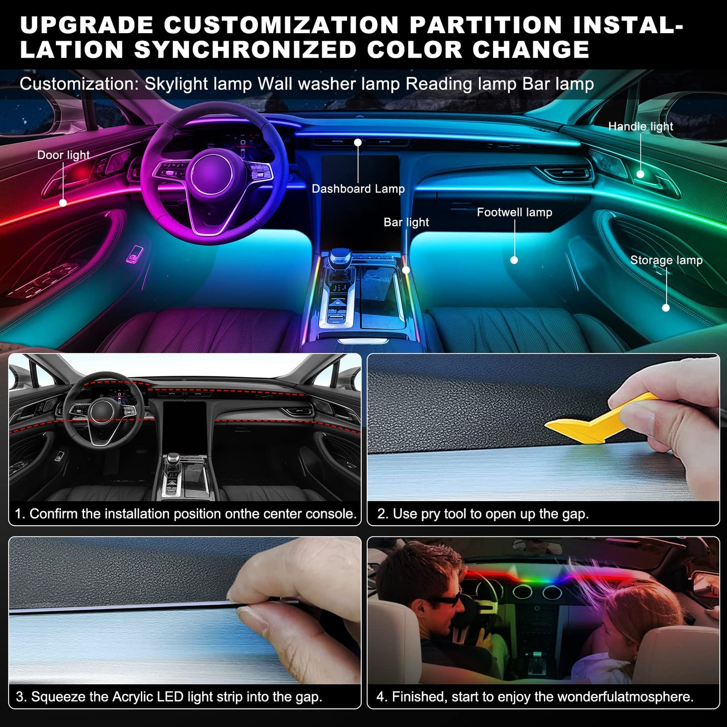 Dreamcolor Acrylic Interior Car LED Strip Light with Wireless APP, RGB 10 in 1 with 175 inches 593 Neon Car Ambient Lighting Kits, Dynamic Chasing Music Sync LEDs Fiber Optic Strip Lights for Car
