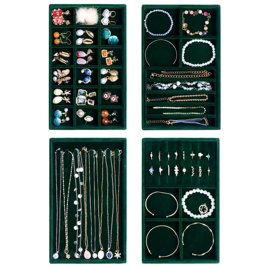 LISRUGEN Jewelry Drawer Organizer, Velvet Tray for Earring Necklace Storage, Stackable Inserts for Women, Green