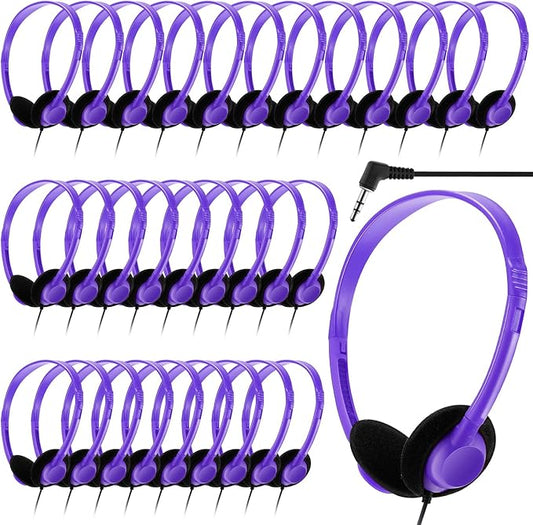 Yunsailing 30 Pack Bulk Headphones Set Over Ear Headphones with Adjustable Headband 3.5mm Plug Headsets Earphones for Learning Program, Computer Lab, Library, Testing & Multimedia Use (Purple)