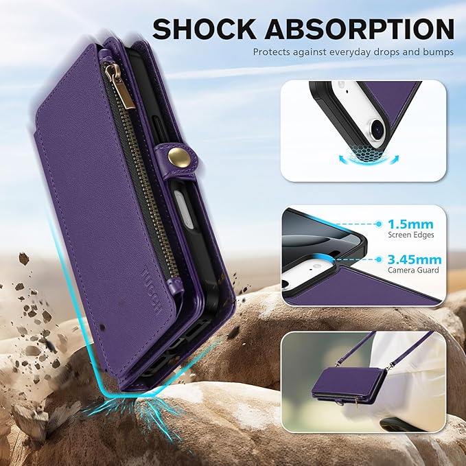 TUCCH Removable Crossbody Wallet Case for iPhone Air 6.5", RFID Blocking 9 Card Holders, Lanyard, Wrist Strap, Wireless Charging, Stand, Zipper Pocket, PU Leather, Magnetic Flip Cover, Deep Purple